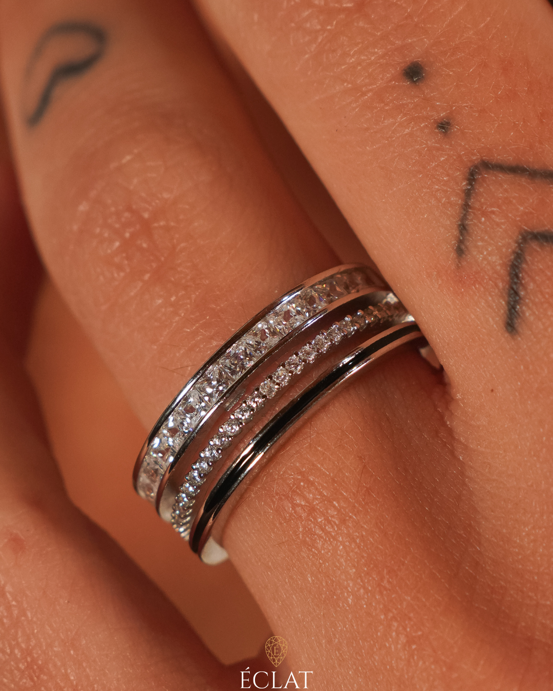 Anello Doppia Luce Pavé ÉCLAT Argento 925 Rodiato