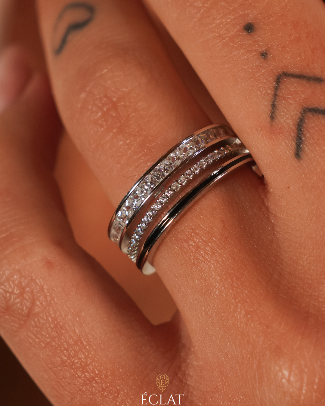 Anello Doppia Luce Pavé ÉCLAT Argento 925 Rodiato